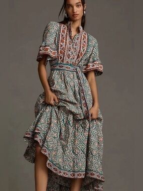 Sue Sartor x Anthropologie Short-Sleeve Printed Midi Dress, Size XL